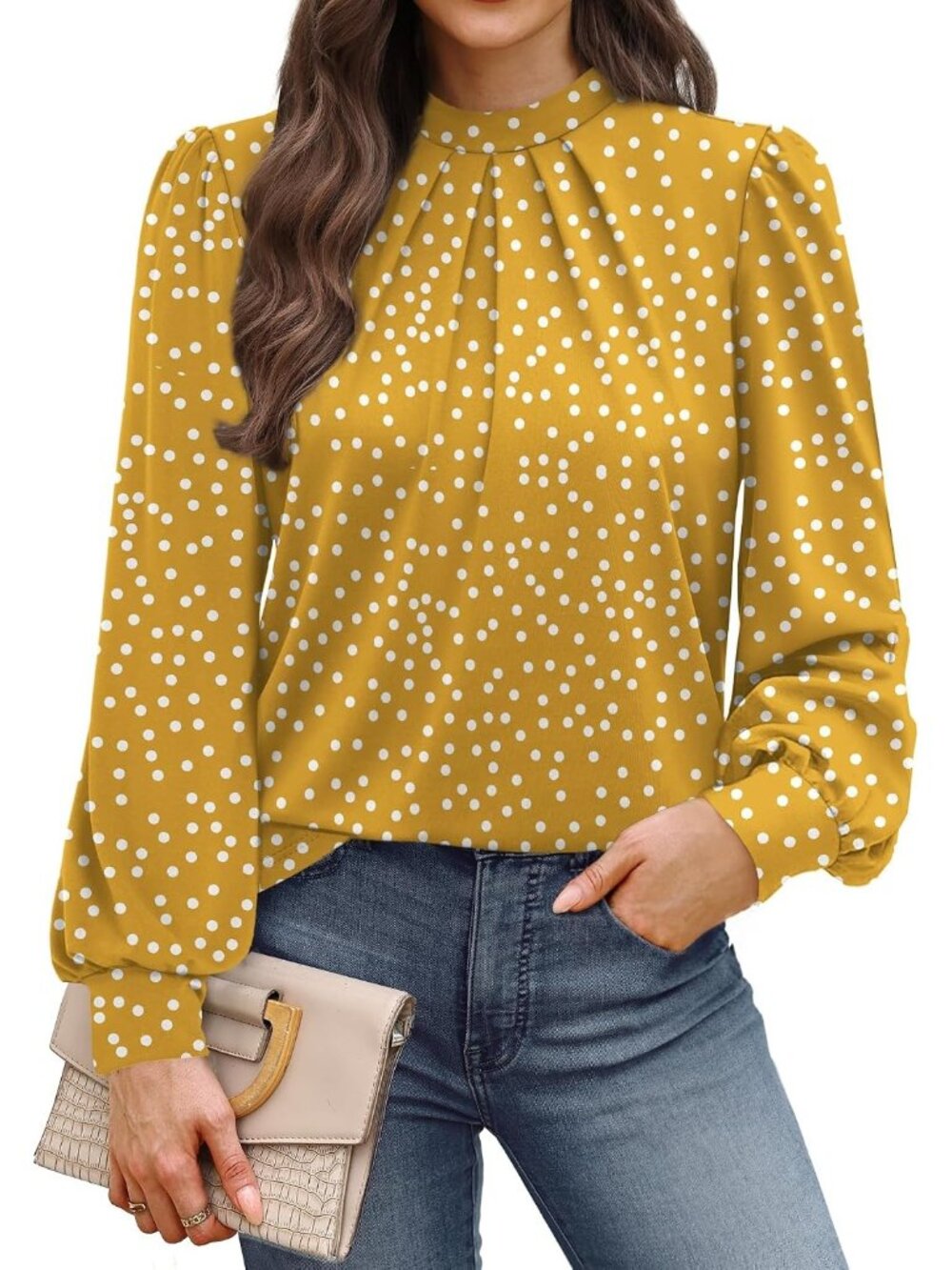👗 Women's Yellow Long Sleeve Shirts Pleated Front Blouses Dressy Mock Neck Tops
